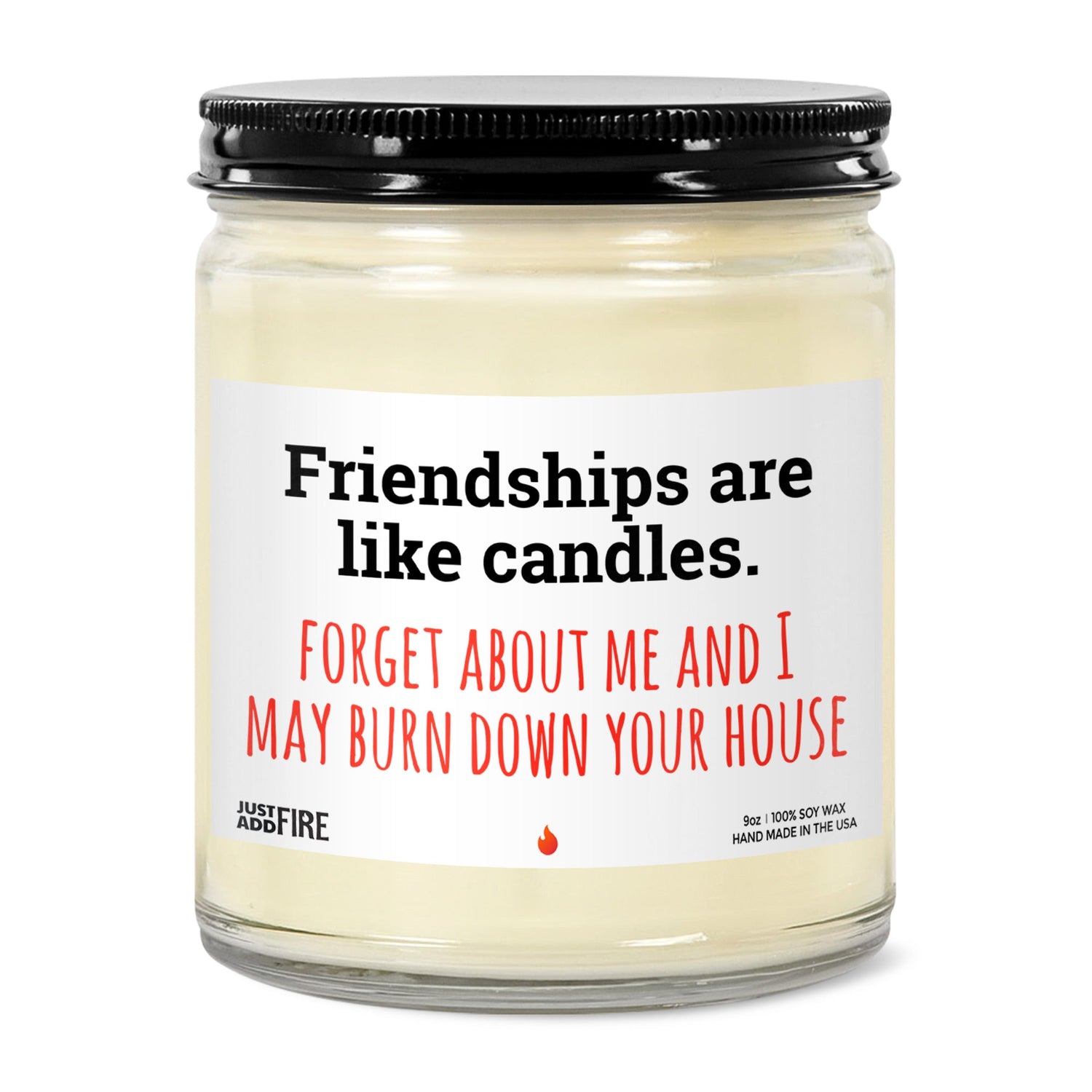 Best Friends Are Link Candles Soy Wax Candle by Just Add Fire. Features USA made 100% natural soy wax, cotton wick, and safe fragrances and essential oils. Image shows the candle with a black lid