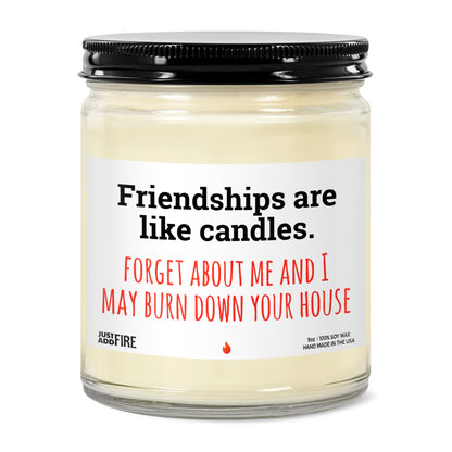 Best Friends Are Link Candles Soy Wax Candle by Just Add Fire. Features USA made 100% natural soy wax, cotton wick, and safe fragrances and essential oils. Image shows the candle with a black lid