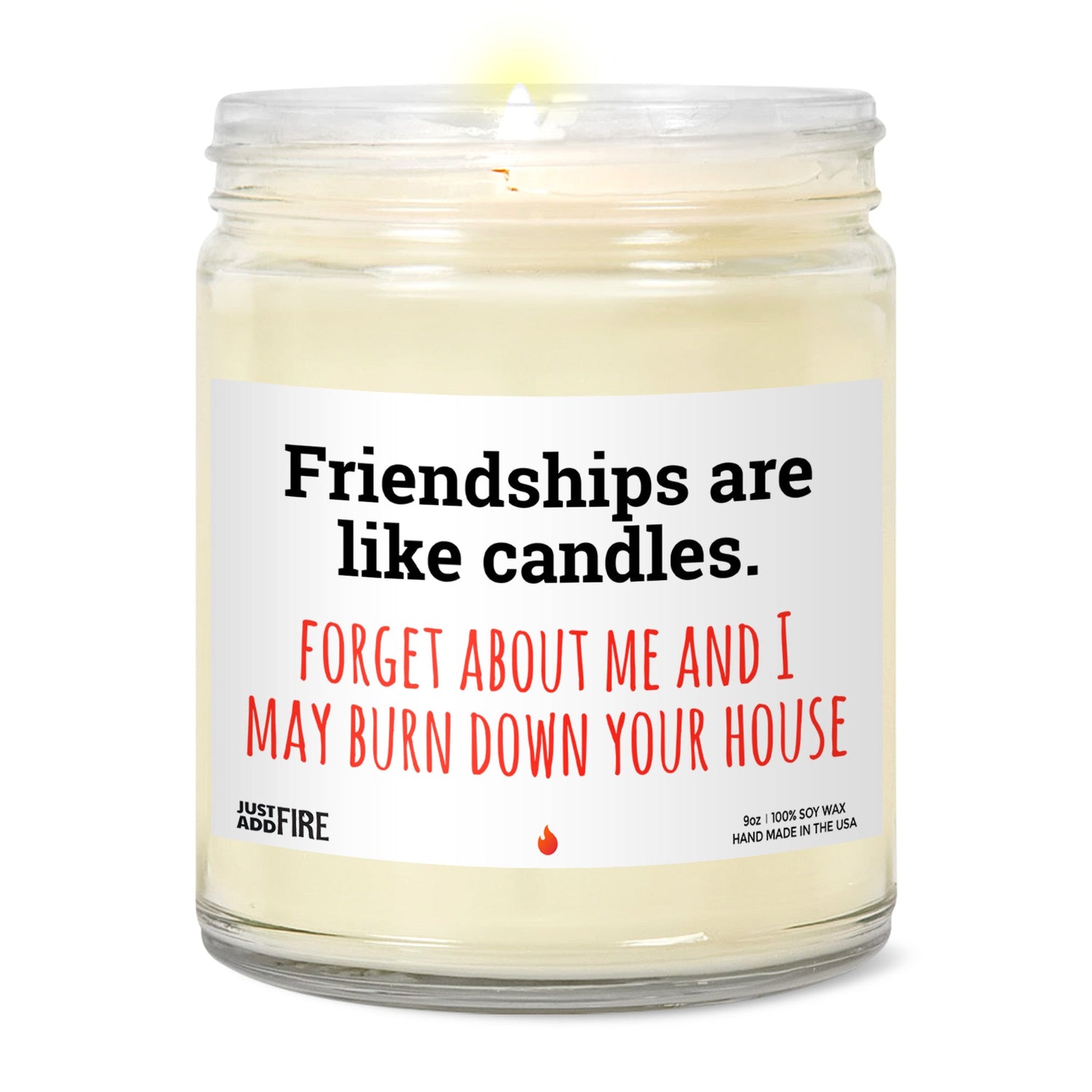 Best Friends Are Link Candles Soy Wax Candle by Just Add Fire. Features USA made 100% natural soy wax, cotton wick, and safe fragrances and essential oils. Image shows the candle with a lit wick