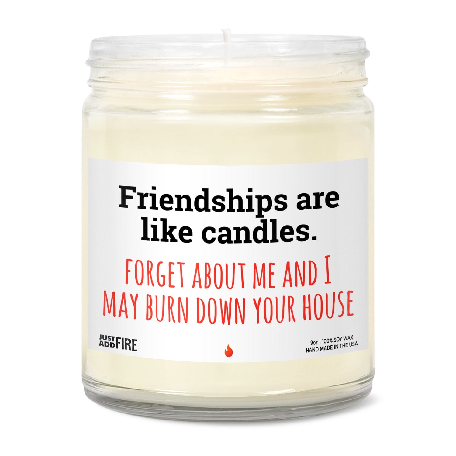 Best Friends Are Link Candles Soy Wax Candle by Just Add Fire. Features USA made 100% natural soy wax, cotton wick, and safe fragrances and essential oils. Image shows the candle without a lid, unlit. 